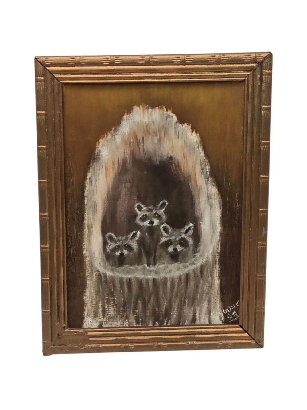 Folk Art Raccoon Painting Vintage Wall Decor Rustic Farmhouse Hunting Cabin